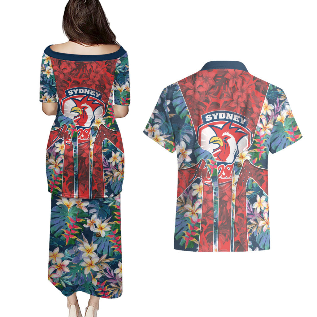 Sydney Roosters Couples Matching Puletasi and Hawaiian Shirt Tropical Hibiscus Floral Pattern With Red And Blue Accents