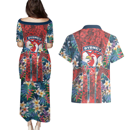 Sydney Roosters Couples Matching Puletasi and Hawaiian Shirt Tropical Hibiscus Floral Pattern With Red And Blue Accents