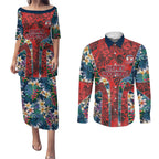 Sydney Roosters Couples Matching Puletasi and Long Sleeve Button Shirt Tropical Hibiscus Floral Pattern With Red And Blue Accents