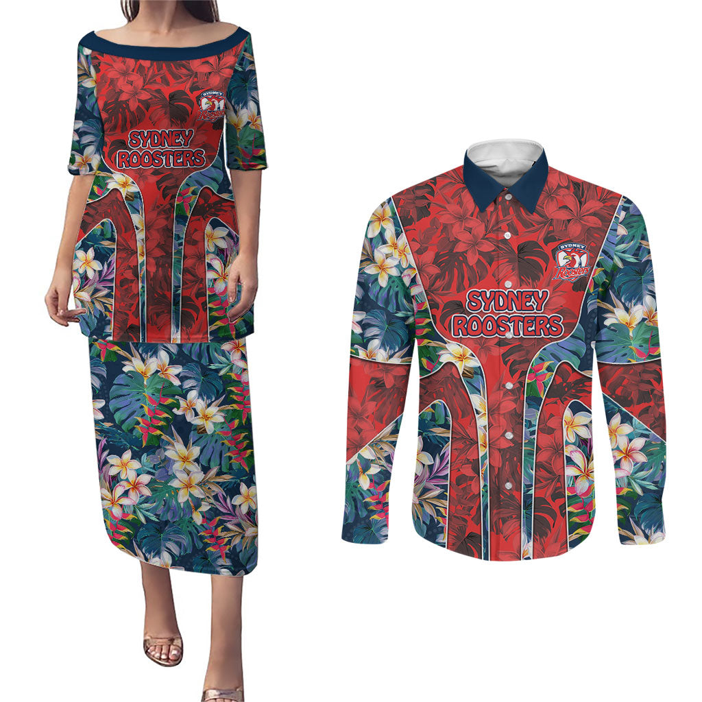 Sydney Roosters Couples Matching Puletasi and Long Sleeve Button Shirt Tropical Hibiscus Floral Pattern With Red And Blue Accents