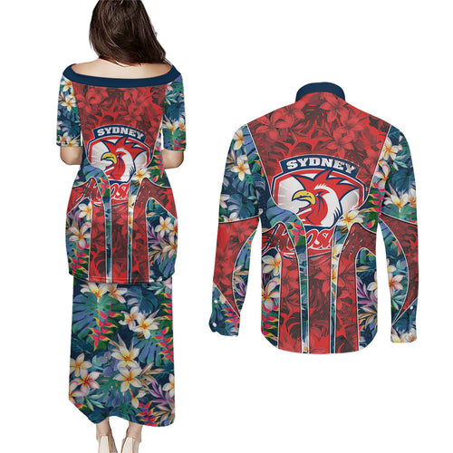 Sydney Roosters Couples Matching Puletasi and Long Sleeve Button Shirt Tropical Hibiscus Floral Pattern With Red And Blue Accents