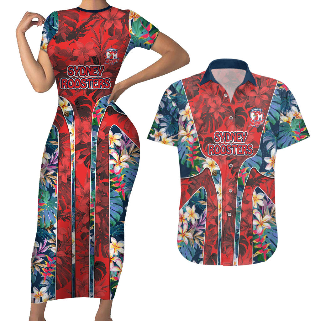 Sydney Roosters Couples Matching Short Sleeve Bodycon Dress and Hawaiian Shirt Tropical Hibiscus Floral Pattern With Red And Blue Accents