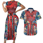 Sydney Roosters Couples Matching Short Sleeve Bodycon Dress and Hawaiian Shirt Tropical Hibiscus Floral Pattern With Red And Blue Accents