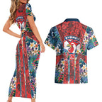 Sydney Roosters Couples Matching Short Sleeve Bodycon Dress and Hawaiian Shirt Tropical Hibiscus Floral Pattern With Red And Blue Accents
