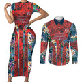 Sydney Roosters Couples Matching Short Sleeve Bodycon Dress and Long Sleeve Button Shirt Tropical Hibiscus Floral Pattern With Red And Blue Accents