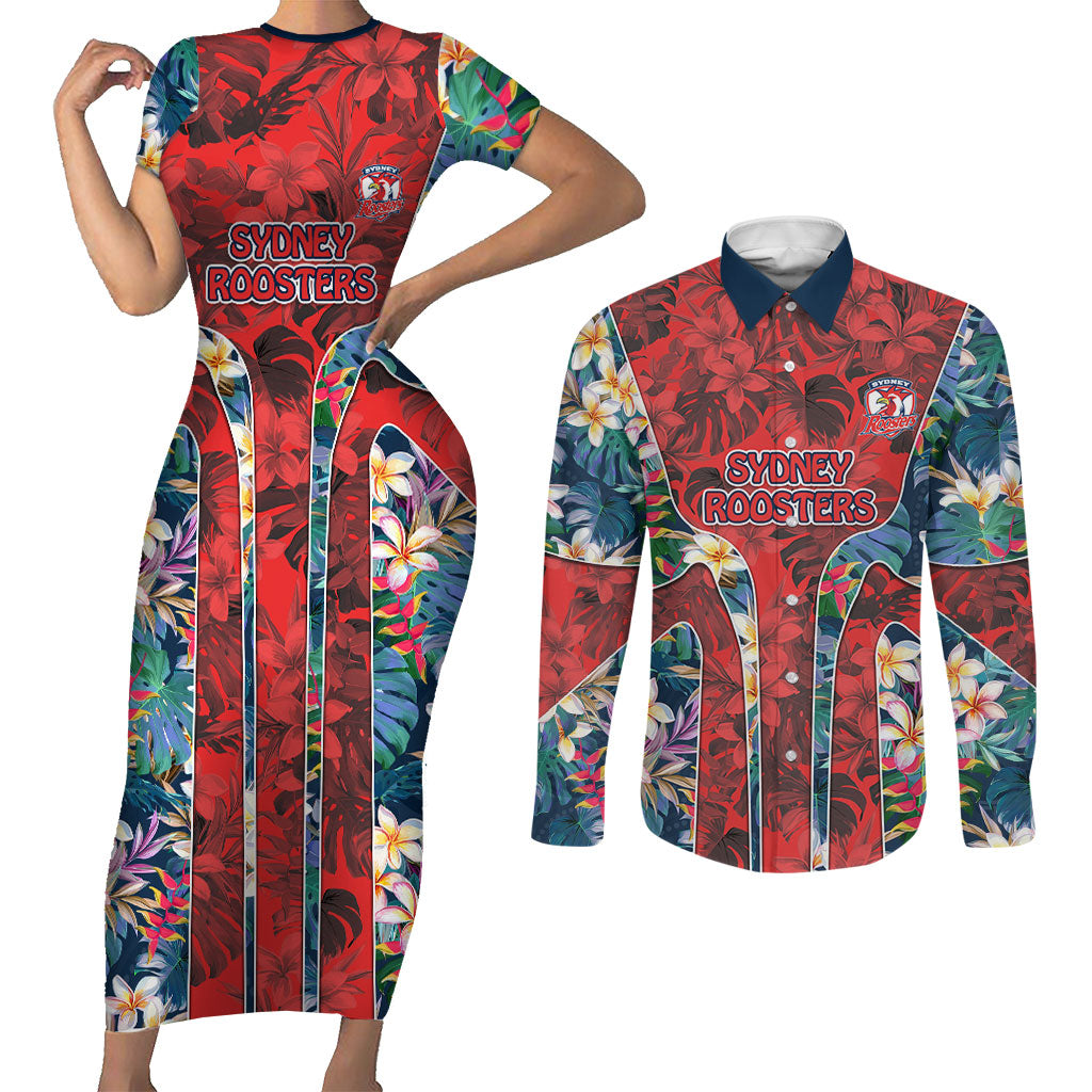 Sydney Roosters Couples Matching Short Sleeve Bodycon Dress and Long Sleeve Button Shirt Tropical Hibiscus Floral Pattern With Red And Blue Accents