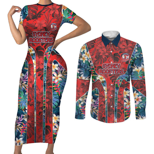 Sydney Roosters Couples Matching Short Sleeve Bodycon Dress and Long Sleeve Button Shirt Tropical Hibiscus Floral Pattern With Red And Blue Accents