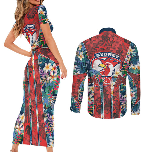 Sydney Roosters Couples Matching Short Sleeve Bodycon Dress and Long Sleeve Button Shirt Tropical Hibiscus Floral Pattern With Red And Blue Accents