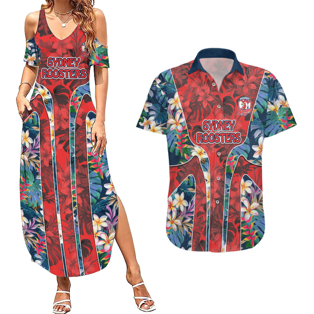 Sydney Roosters Couples Matching Summer Maxi Dress and Hawaiian Shirt Tropical Hibiscus Floral Pattern With Red And Blue Accents