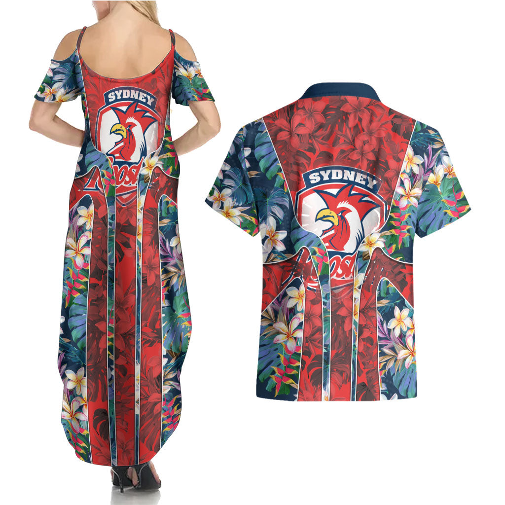 Sydney Roosters Couples Matching Summer Maxi Dress and Hawaiian Shirt Tropical Hibiscus Floral Pattern With Red And Blue Accents