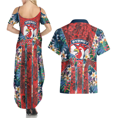 Sydney Roosters Couples Matching Summer Maxi Dress and Hawaiian Shirt Tropical Hibiscus Floral Pattern With Red And Blue Accents