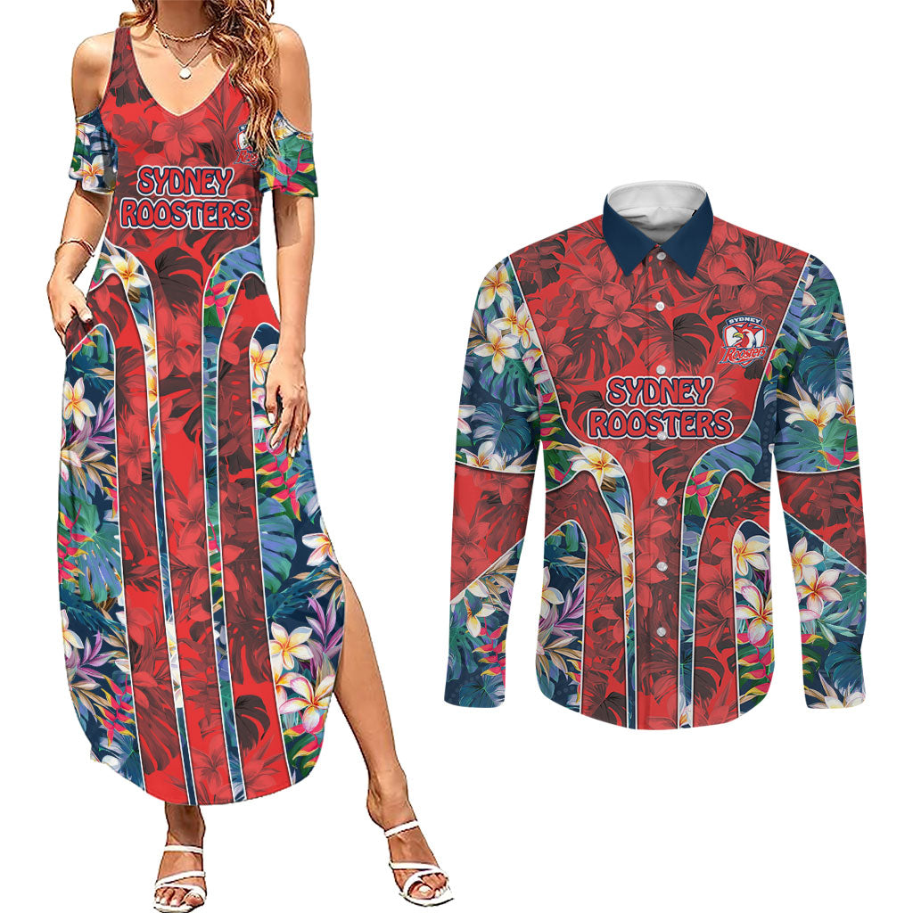Sydney Roosters Couples Matching Summer Maxi Dress and Long Sleeve Button Shirt Tropical Hibiscus Floral Pattern With Red And Blue Accents