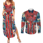 Sydney Roosters Couples Matching Summer Maxi Dress and Long Sleeve Button Shirt Tropical Hibiscus Floral Pattern With Red And Blue Accents