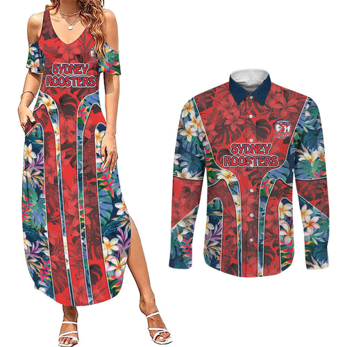 Sydney Roosters Couples Matching Summer Maxi Dress and Long Sleeve Button Shirt Tropical Hibiscus Floral Pattern With Red And Blue Accents