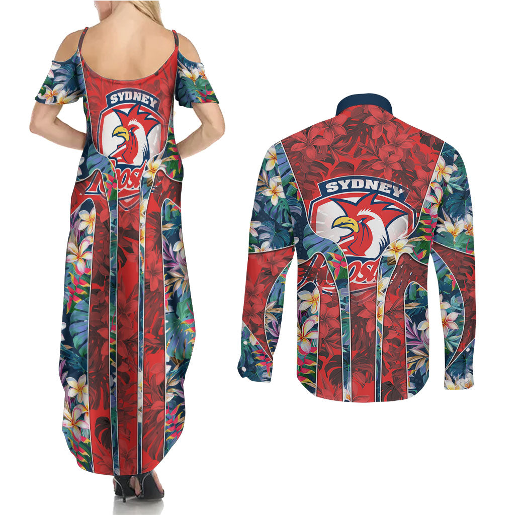 Sydney Roosters Couples Matching Summer Maxi Dress and Long Sleeve Button Shirt Tropical Hibiscus Floral Pattern With Red And Blue Accents