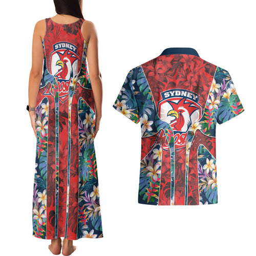 Sydney Roosters Couples Matching Tank Maxi Dress and Hawaiian Shirt Tropical Hibiscus Floral Pattern With Red And Blue Accents