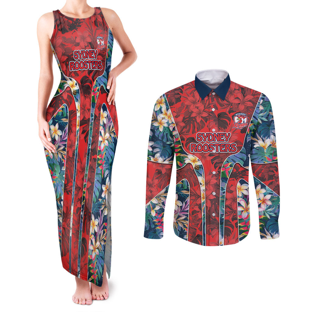 Sydney Roosters Couples Matching Tank Maxi Dress and Long Sleeve Button Shirt Tropical Hibiscus Floral Pattern With Red And Blue Accents