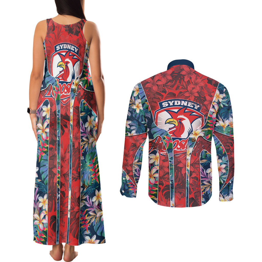Sydney Roosters Couples Matching Tank Maxi Dress and Long Sleeve Button Shirt Tropical Hibiscus Floral Pattern With Red And Blue Accents