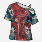 Sydney Roosters Cross Shoulder Shirt Tropical Hibiscus Floral Pattern With Red And Blue Accents