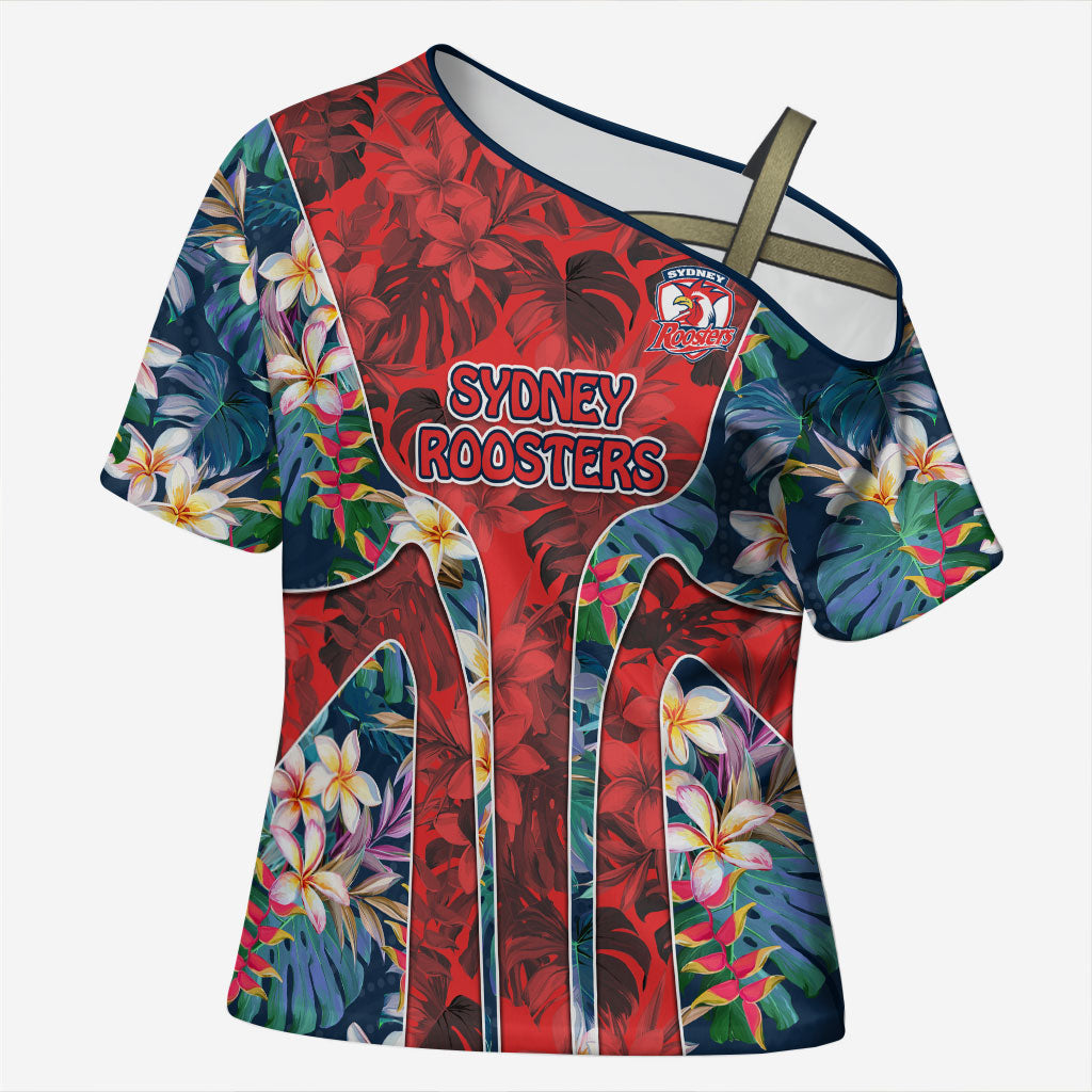Sydney Roosters Cross Shoulder Shirt Tropical Hibiscus Floral Pattern With Red And Blue Accents