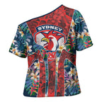 Sydney Roosters Cross Shoulder Shirt Tropical Hibiscus Floral Pattern With Red And Blue Accents