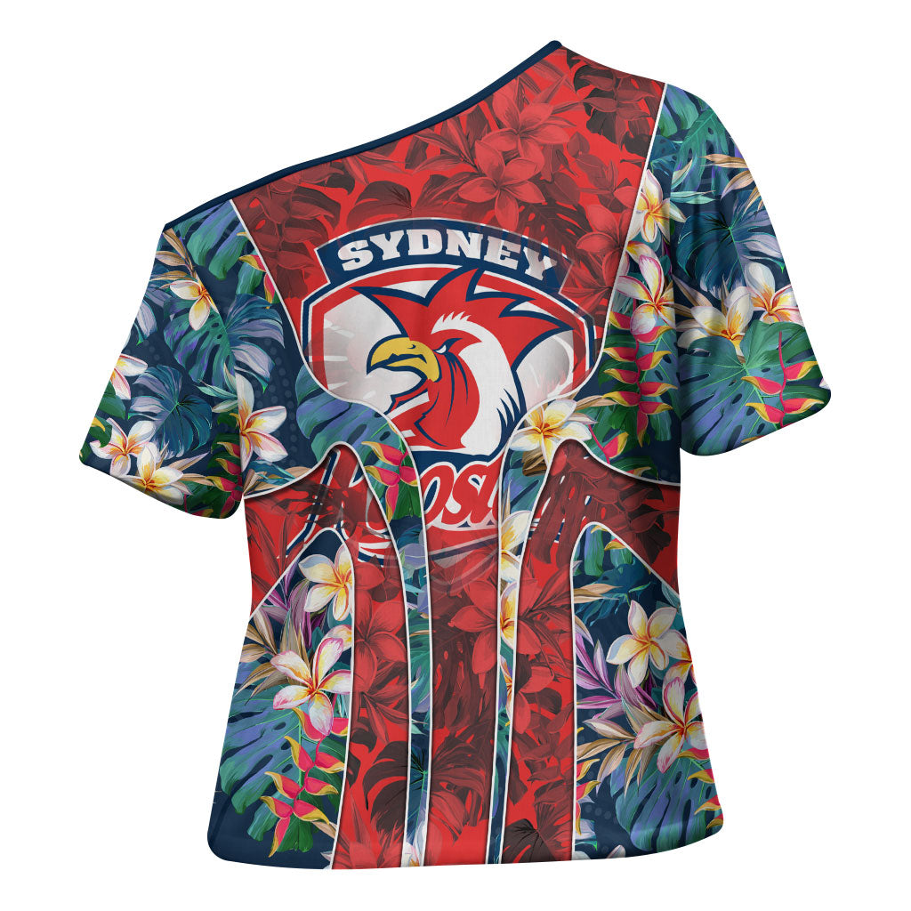 Sydney Roosters Cross Shoulder Shirt Tropical Hibiscus Floral Pattern With Red And Blue Accents