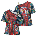 Sydney Roosters Cross Shoulder Shirt Tropical Hibiscus Floral Pattern With Red And Blue Accents