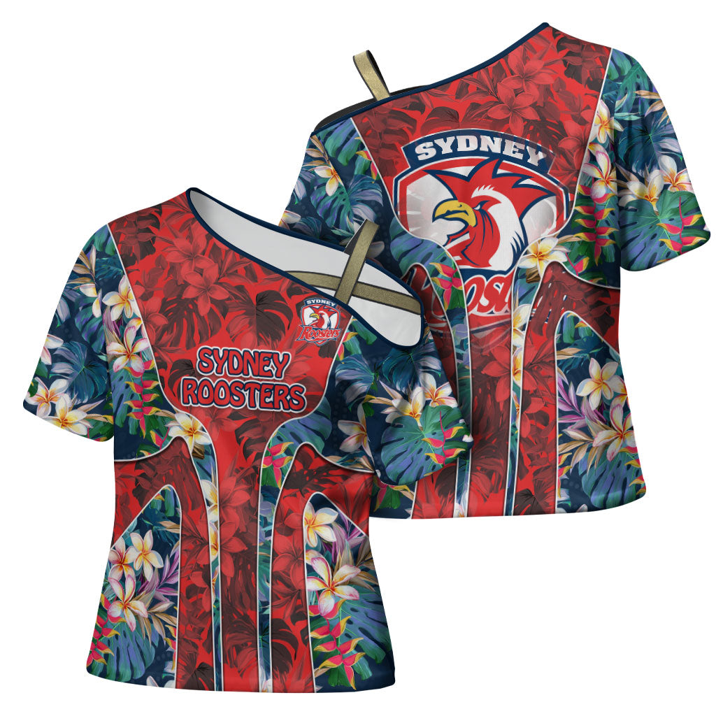 Sydney Roosters Cross Shoulder Shirt Tropical Hibiscus Floral Pattern With Red And Blue Accents