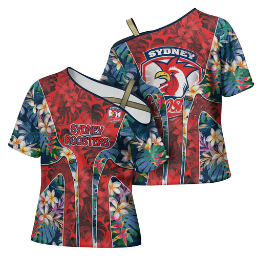 Sydney Roosters Cross Shoulder Shirt Tropical Hibiscus Floral Pattern With Red And Blue Accents