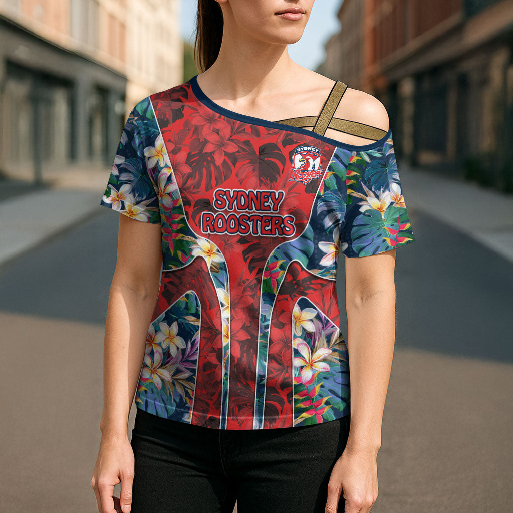 Sydney Roosters Cross Shoulder Shirt Tropical Hibiscus Floral Pattern With Red And Blue Accents