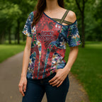 Sydney Roosters Cross Shoulder Shirt Tropical Hibiscus Floral Pattern With Red And Blue Accents