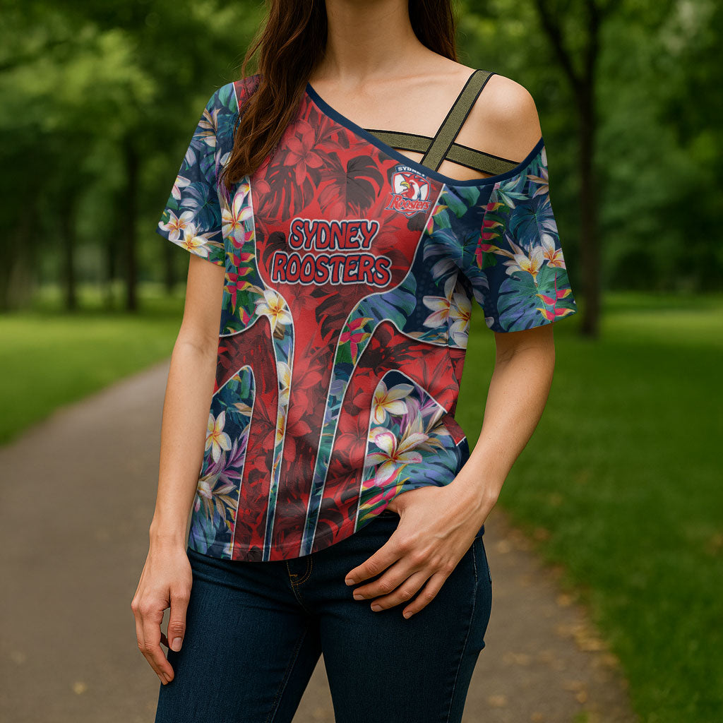Sydney Roosters Cross Shoulder Shirt Tropical Hibiscus Floral Pattern With Red And Blue Accents