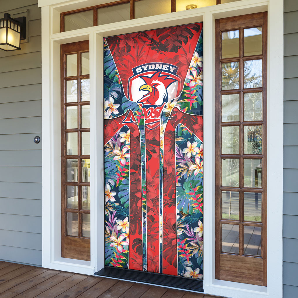 Sydney Roosters Door Cover Tropical Hibiscus Floral Pattern With Red And Blue Accents