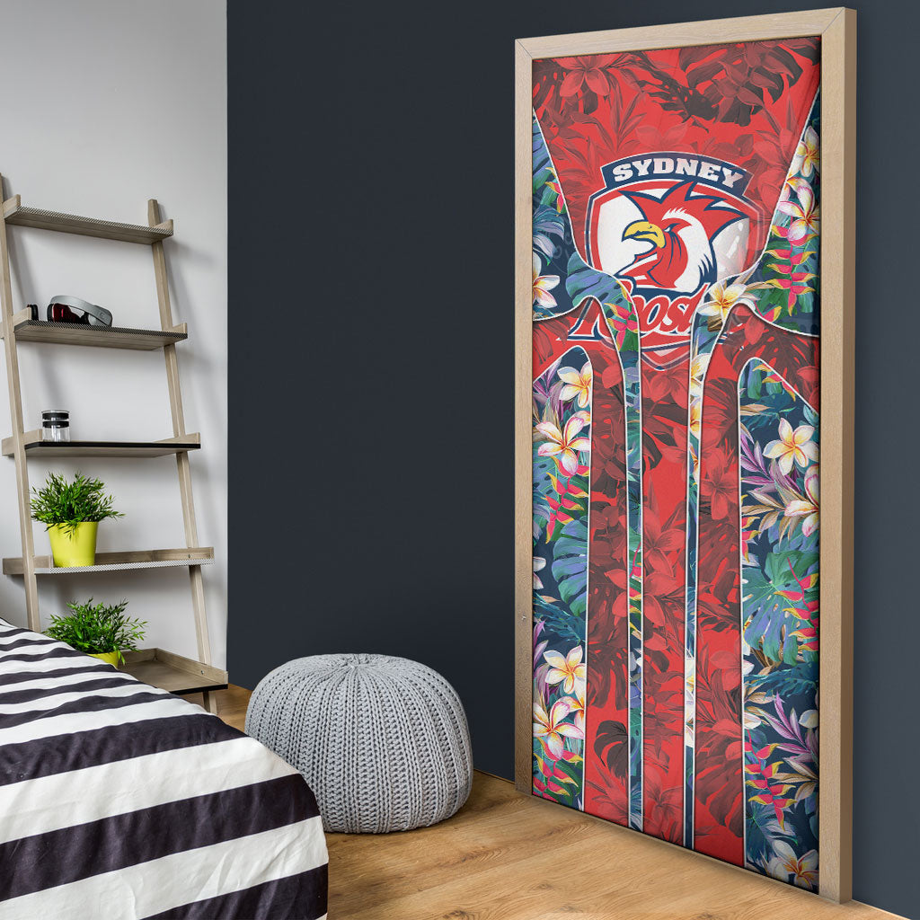Sydney Roosters Door Cover Tropical Hibiscus Floral Pattern With Red And Blue Accents