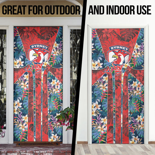 Sydney Roosters Door Cover Tropical Hibiscus Floral Pattern With Red And Blue Accents