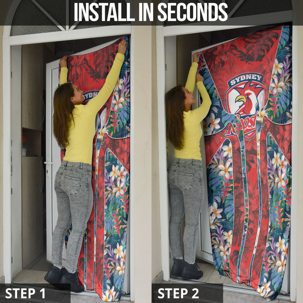 Sydney Roosters Door Cover Tropical Hibiscus Floral Pattern With Red And Blue Accents
