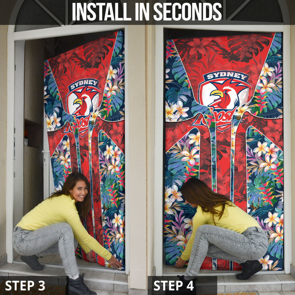 Sydney Roosters Door Cover Tropical Hibiscus Floral Pattern With Red And Blue Accents