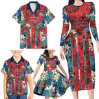 Sydney Roosters Family Matching Long Sleeve Bodycon Dress and Hawaiian Shirt Tropical Hibiscus Floral Pattern With Red And Blue Accents