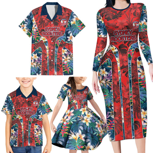 Sydney Roosters Family Matching Long Sleeve Bodycon Dress and Hawaiian Shirt Tropical Hibiscus Floral Pattern With Red And Blue Accents