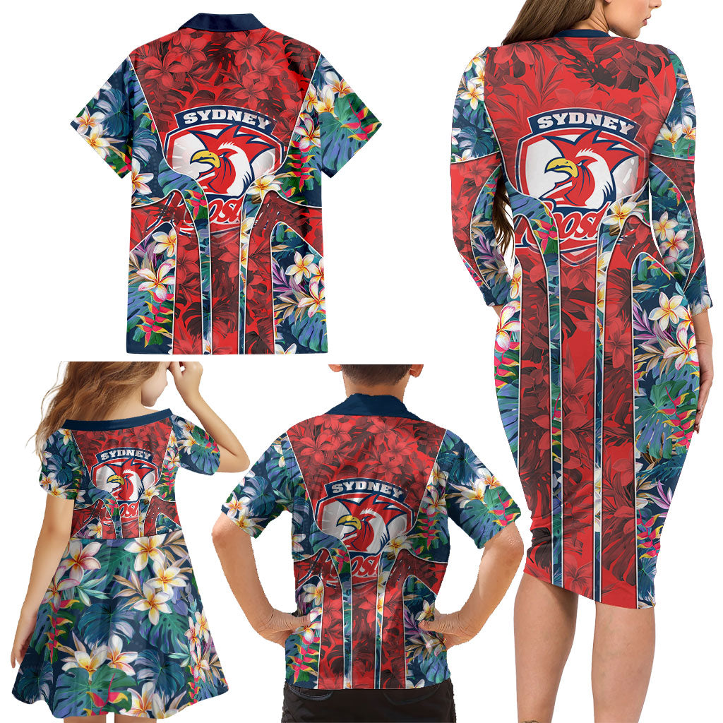 Sydney Roosters Family Matching Long Sleeve Bodycon Dress and Hawaiian Shirt Tropical Hibiscus Floral Pattern With Red And Blue Accents