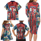 Sydney Roosters Family Matching Long Sleeve Bodycon Dress and Hawaiian Shirt Tropical Hibiscus Floral Pattern With Red And Blue Accents