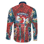 Sydney Roosters Family Matching Long Sleeve Bodycon Dress and Hawaiian Shirt Tropical Hibiscus Floral Pattern With Red And Blue Accents