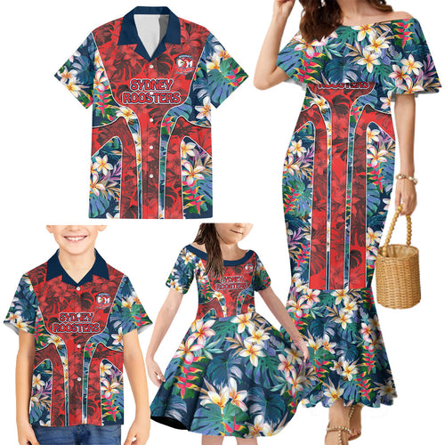 Sydney Roosters Family Matching Mermaid Dress and Hawaiian Shirt Tropical Hibiscus Floral Pattern With Red And Blue Accents