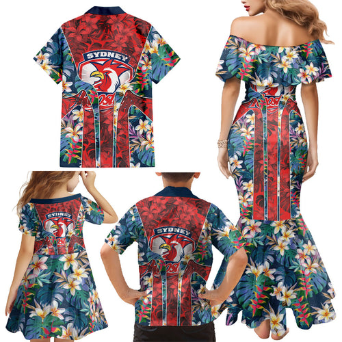 Sydney Roosters Family Matching Mermaid Dress and Hawaiian Shirt Tropical Hibiscus Floral Pattern With Red And Blue Accents
