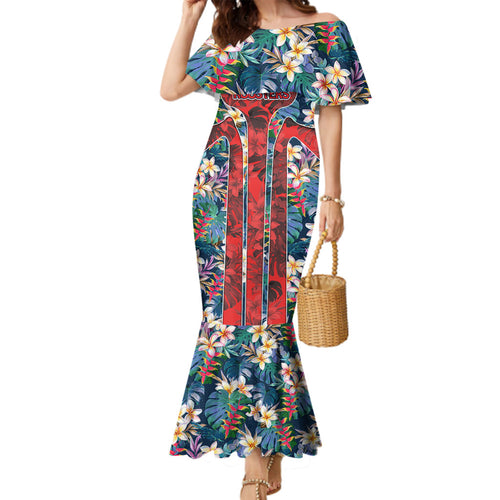 Sydney Roosters Family Matching Mermaid Dress and Hawaiian Shirt Tropical Hibiscus Floral Pattern With Red And Blue Accents