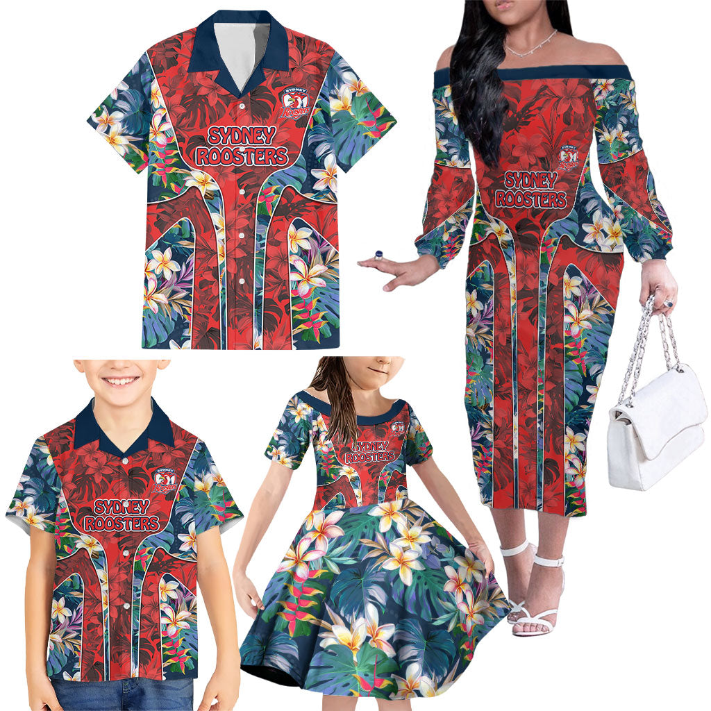 Sydney Roosters Family Matching Off The Shoulder Long Sleeve Dress and Hawaiian Shirt Tropical Hibiscus Floral Pattern With Red And Blue Accents