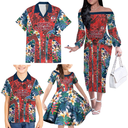 Sydney Roosters Family Matching Off The Shoulder Long Sleeve Dress and Hawaiian Shirt Tropical Hibiscus Floral Pattern With Red And Blue Accents