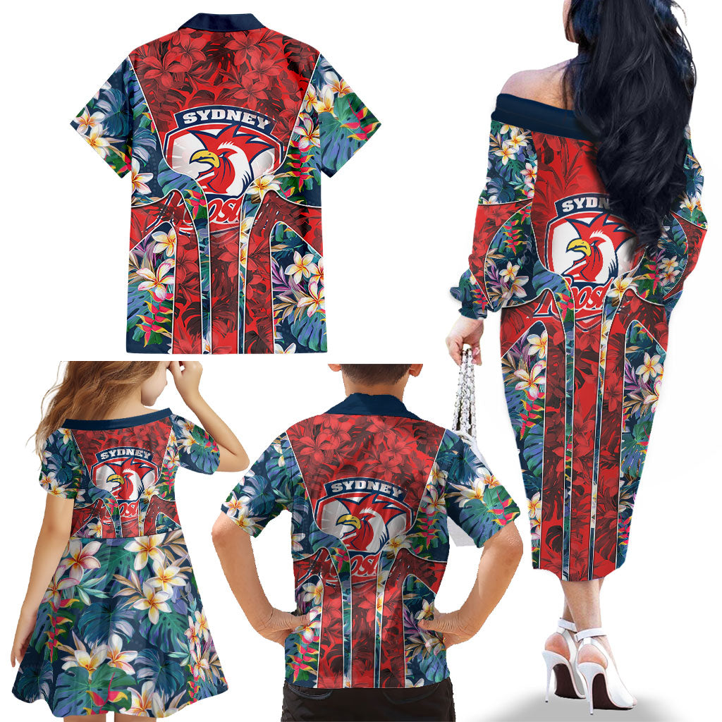 Sydney Roosters Family Matching Off The Shoulder Long Sleeve Dress and Hawaiian Shirt Tropical Hibiscus Floral Pattern With Red And Blue Accents