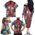 Sydney Roosters Family Matching Off The Shoulder Long Sleeve Dress and Hawaiian Shirt Tropical Hibiscus Floral Pattern With Red And Blue Accents