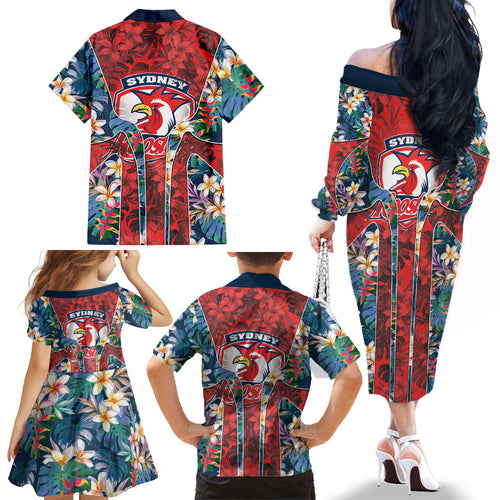 Sydney Roosters Family Matching Off The Shoulder Long Sleeve Dress and Hawaiian Shirt Tropical Hibiscus Floral Pattern With Red And Blue Accents